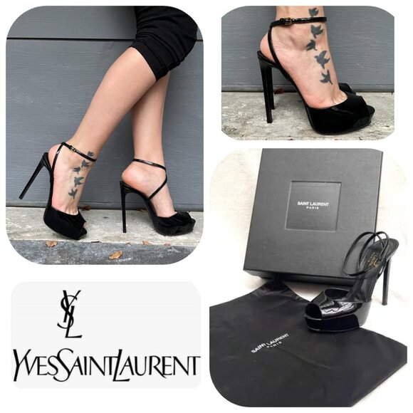 Yves Saint Laurent Kika patent leather peep toe platform ankle strap heels 8 - Picture 1 of 15